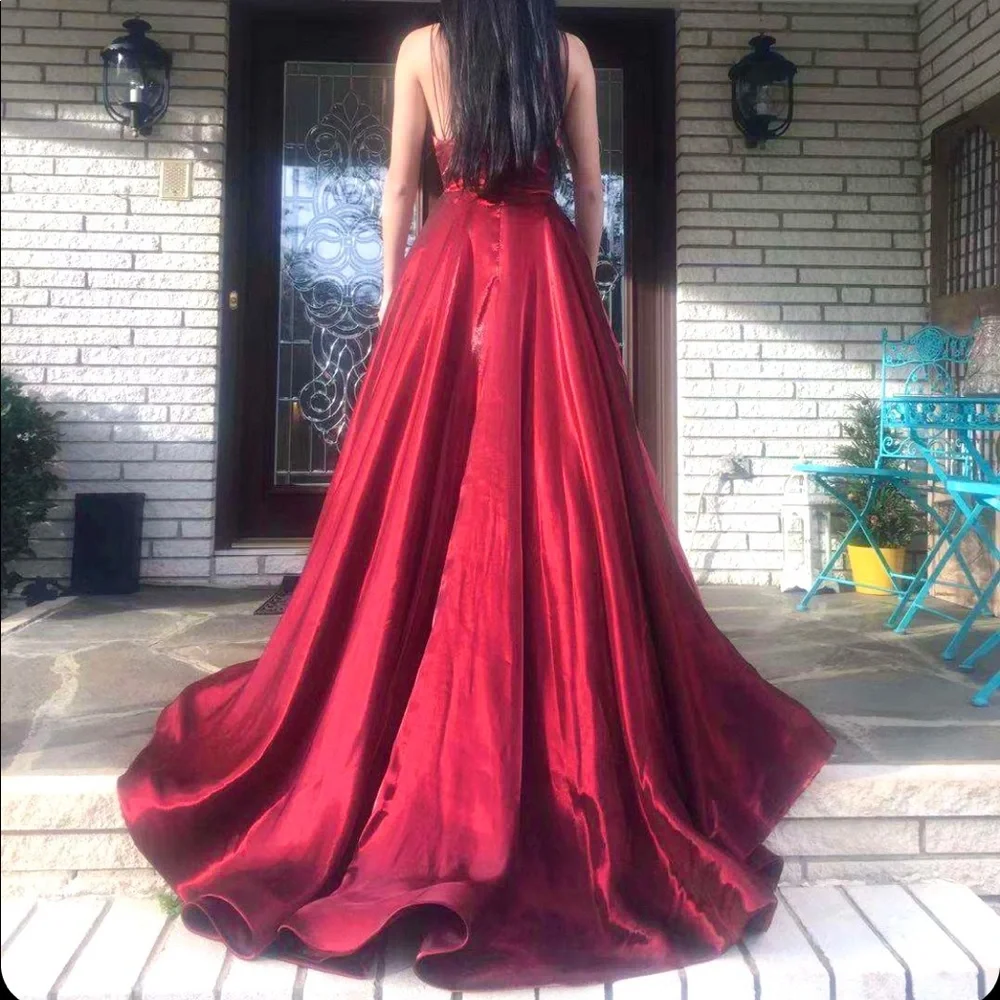 Sherri Hill satin dress V neck  spaghetti straps wine red sz 0 - Picture 7 of 13